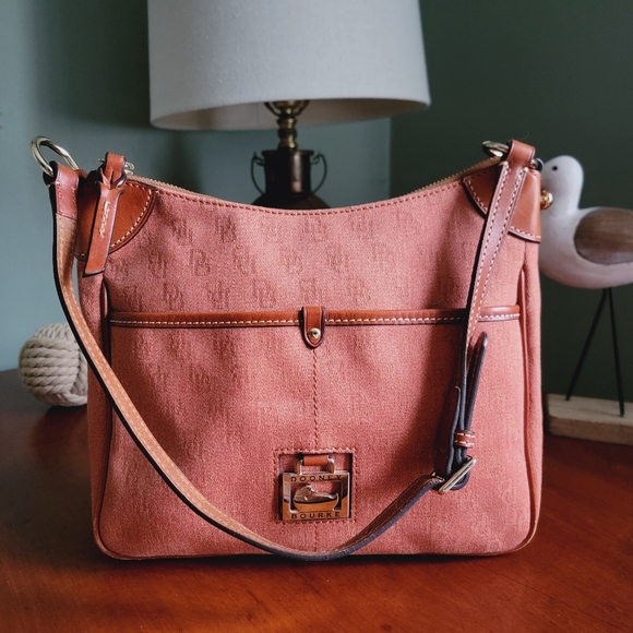 Dooney & Bourke Monogram Orange Water-repellant Coated Fabric Hobo w/Tan Leather - Picture 2 of 14
